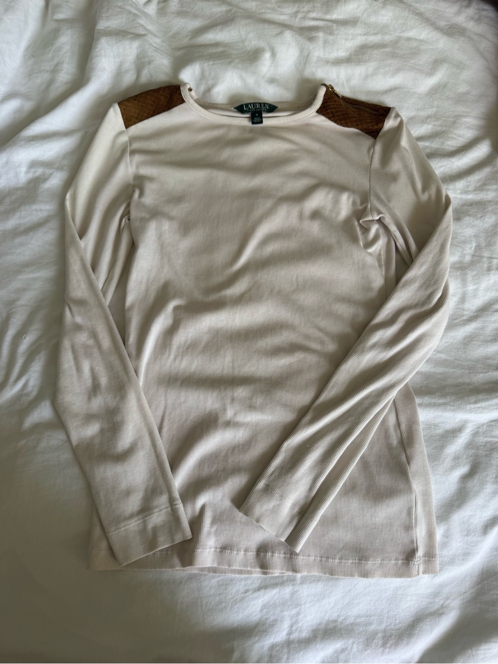 Lauren Ralph Lauren Cream Long-Sleeve Sweater with Brown Shoulder zipper Accents